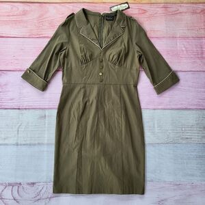 NWT Voodoo Vixen Olive Green 3/4 Sleeve Notched Collar Sheath Dress Size 10‎